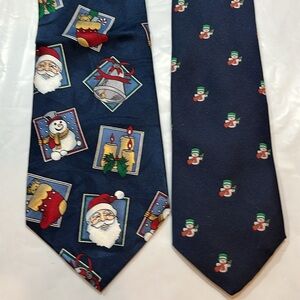 2 Christmas Holiday Neck TIES Santa, Snowman, candles frosty bells stocking toy